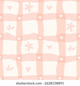 Patrón sin fisuras con rayas estéticas, corazón y flor. Ilustración vectorial de color pastel para envolver papel, ropa, cubierta textil y otros