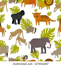 Seamless pattern. Africa animals. Safari collection with giraffe,rhino, tiger, lion, gorilla, lemur, elephant, goat, cheetah. Transparent background. Flat design. Vector 