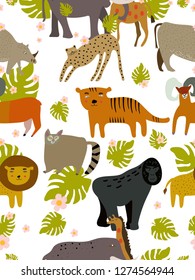 Seamless pattern. Africa animals. Safari collection with giraffe,rhino, tiger, lion, gorilla, lemur, elephant, goat, cheetah. Transparent background. Flat design. Vector 