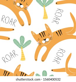 Seamless pattern Africa with exotic animals a tiger and a palm tree. Vector illustration for printing on fabric, clothes, dishes, picture, wrapping paper, Wallpaper. Cute baby background.