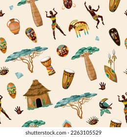 
Seamless pattern Africa plants animals items. Isolate on a white background. Vector illustration.