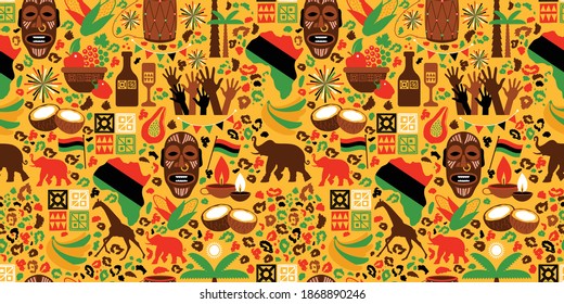 Seamless pattern of Africa with traditional colored and symbols. Yellow exotic background.