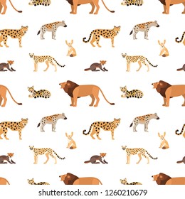 Seamless pattern with African and American animals on white background. Backdrop with wild predators living in savannah and desert. Colored vector illustration in flat cartoon style for textile print.