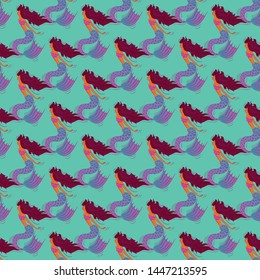 Seamless pattern with African American beautiful mermaid under the sea with pink hair. Magic woman with tail on the blue gradient background. Slim fantasy girl in fairytale style. 