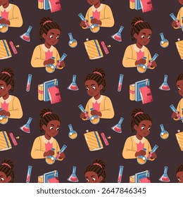 Seamless Pattern with African American Girl Holding Test Tubes, Books. Design for Textile Printing, Wallpaper, Wrapping Paper, Stationery. Ideal for Science Campaigns, School Decor