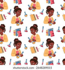 Padrão contínuo com a menina afro-americana segurando tubos de teste, livros. Design para impressão têxtil, papel de parede, papel de embrulho, papelaria. Ideal para Campanhas de Ciência, Decoração Escolar