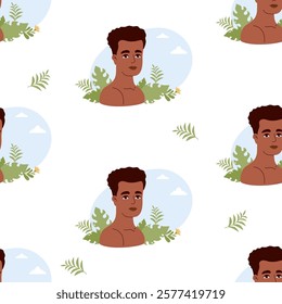 Seamless pattern with African American man with leaves on white background. Vector illustration in flat style. Holiday Black History Month, Male ethnicity character and mental health