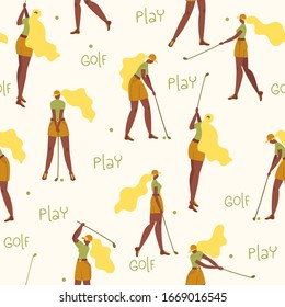 Seamless pattern with african american young girl hitting ball with golf club. Vector flat hand drawn illustration. Female golfer plays golf background, backdrop. Woman in sport. Cartoon characters.