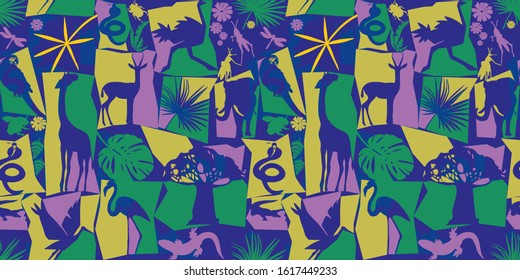 Seamless pattern of African animals, birds, insects and plants. Colorful vector illustrations in flat style. blue background. Tropics, jungle, savanna. Ideal for fabric design, poster printing,