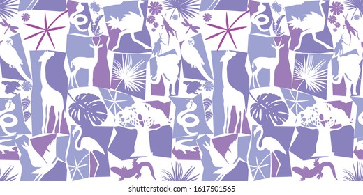 Seamless pattern of African animals, birds, insects and plants. Colorful vector illustrations in flat style. white background, light colors. Tropics, jungles. Ideal for fabric design, poster printing,
