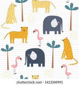 Seamless pattern with african animals. Cute kids print. Vector hand drawn illustration.