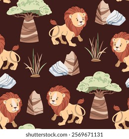 Seamless pattern with African animals. Cute childish texture with lion, baobab and grass. Vector illustration for children's wallpapers, backgrounds, fabric, etc.