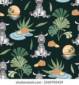 Seamless pattern with African animals. Cute children's texture with zebra, sunset, plants. Vector illustration for children's wallpapers, backgrounds, fabric, etc.