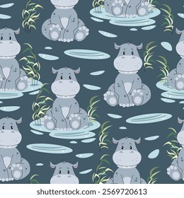 Seamless pattern with African animals. Cute children's texture with hippopotamus in a pond. Vector illustration for children's wallpapers, backgrounds, fabric, etc.