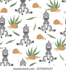 Seamless pattern with African animals. Cute children's texture with zebra, sunset, plants. Vector illustration for children's wallpapers, backgrounds, fabric, etc.