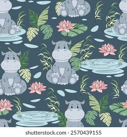 Seamless pattern with African animals. Cute children's texture with hippopotamus in a pond with lily. Vector illustration for children's wallpapers, backgrounds, fabric, etc.