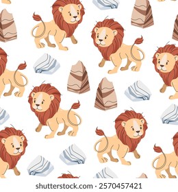 Seamless pattern with African animals. Cute children's texture with lion, stone and grass. Vector illustration for children's wallpapers, backgrounds, fabric, etc.