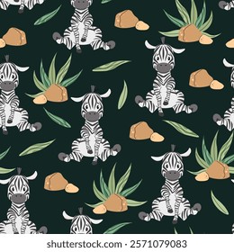 Seamless pattern with African animals. Cute children's texture with zebra, sunset, plants. Vector illustration for children's wallpapers, backgrounds, fabric, etc.