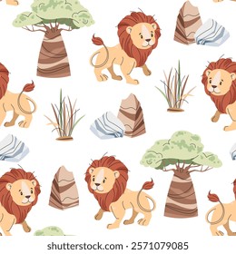 Seamless pattern with African animals. Cute childish texture with lion, baobab and grass. Vector illustration for children's wallpapers, backgrounds, fabric, etc.