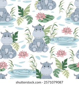 Seamless pattern with African animals. Cute children's texture with hippopotamus in a pond with lily. Vector illustration for children's wallpapers, backgrounds, fabric, etc.