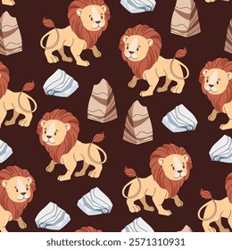 Seamless pattern with African animals. Cute children's texture with lion, stone and grass. Vector illustration for children's wallpapers, backgrounds, fabric, etc.