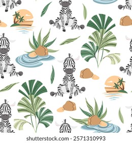 Seamless pattern with African animals. Cute children's texture with zebra, sunset, plants. Vector illustration for children's wallpapers, backgrounds, fabric, etc.