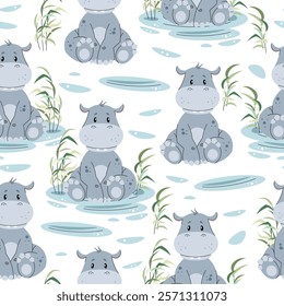 Seamless pattern with African animals. Cute children's texture with hippopotamus in a pond. Vector illustration for children's wallpapers, backgrounds, fabric, etc.