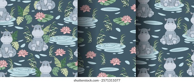 Seamless pattern with African animals. Cute children's texture with hippopotamus in a pond with lily. Vector illustration for children's wallpapers, backgrounds, fabric, etc.