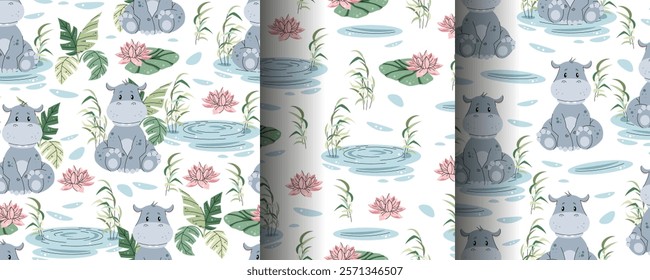 Seamless pattern with African animals. Cute children's texture with hippopotamus in a pond with lily. Vector illustration for children's wallpapers, backgrounds, fabric, etc.