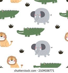 Seamless pattern with african animals, decor elements. colorful vector for kids. hand drawing, flat style. baby design for fabric, print, textile, wrapper
