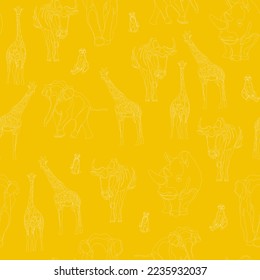 Patrón sin foco con animales africanos. Fondo amarillo decorativo. Ilustración vectorial.