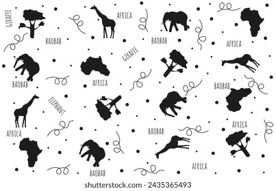 Seamless pattern with African animals doodle element and text isolated white background. Simple black silhouette giraffe and elephant ornament in trendy minimal style. Vector illustration. EPS 10