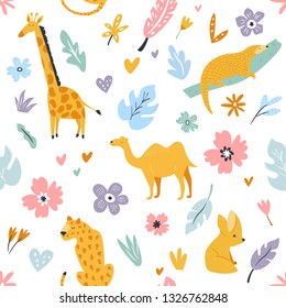 Seamless pattern with african animals and floral prints. Giraffe, camel, leopard, fennec fox, pangolin