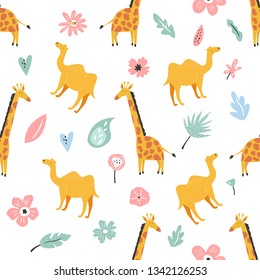 Seamless pattern with african animals giraffes and camels and floral prints.