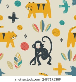 Seamless pattern with African Animals. Hand drawn vector illustration.