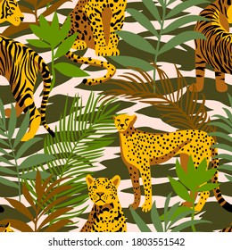 Patrón sin foco con los animales africanos. Leopardo y tigre alrededor de hojas tropicales exóticas sobre fondo decorativo de piel rayada de cebra. El fondo de la jungla salvaje en estilo moderno y plano.