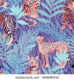 Seamless pattern with African animals. Leopard and tiger around exotic tropical leaves on decorative zebra striped skin background. Wildlife jungle background in trendy flat style.