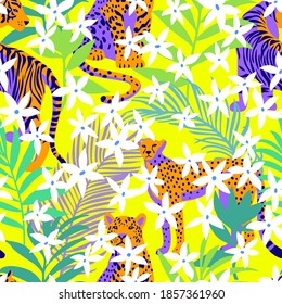 Seamless pattern with African animals. Leopard and tiger around exotic tropical leaves mixed with daisy flowers. Wildlife jungle background in trendy flat style.