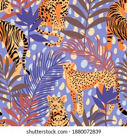 Seamless pattern with African animals. Leopard and tiger around exotic tropical leaves. Abstract dotted background. Wildlife jungle background in trendy flat style.