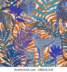 Seamless pattern with African animals. Leopard and tiger around exotic tropical leaves on decorative zebra striped skin background. Wildlife jungle background in trendy flat style.