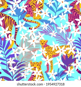 Patrón sin foco con los animales africanos. Leopardo y tigre alrededor de hojas tropicales exóticas mezcladas con flores de margarita. El fondo de la jungla salvaje en estilo moderno y plano.