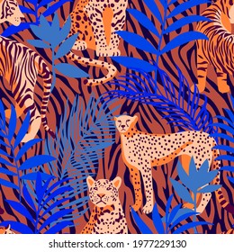 Seamless pattern with African animals. Leopard and tiger around exotic tropical leaves on decorative zebra striped skin background. Wildlife jungle background in trendy flat style.