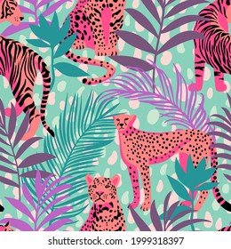 Seamless pattern with African animals. Leopard and tiger around exotic tropical leaves. Abstract dotted background. Wildlife jungle background in trendy flat style.