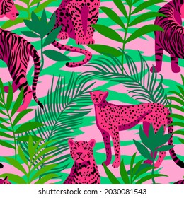 Seamless pattern with African animals. Leopard and tiger around exotic tropical leaves on decorative zebra striped skin background. Wildlife jungle background in trendy flat style.