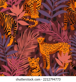 Seamless pattern with African animals. Leopard and tiger around exotic tropical leaves. Abstract dotted background. Wildlife jungle background in trendy flat style.