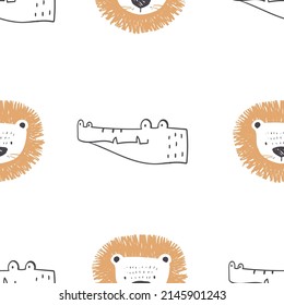 Seamless pattern with African  animals: lion, and crocodile. Hand drawn vector illustration.