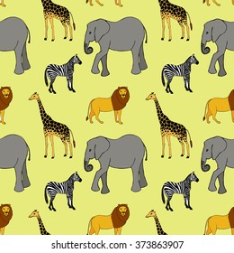 Seamless pattern of African animals: lion, giraffe, zebra, elephant. Hand drawn illustration. Vector.