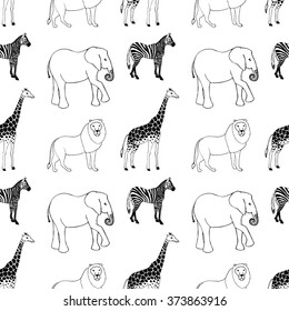 Seamless pattern of African animals: lion, giraffe, zebra, elephant. Hand drawn illustration. Vector.