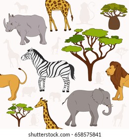 Seamless pattern with african animals and lion, elephant, zebra, rhinoceros, giraffe, baobab.