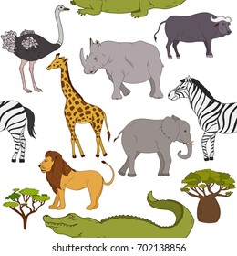 Seamless pattern with african animals and lion, elephant, zebra, rhinoceros, giraffe, baobab, ostrich.